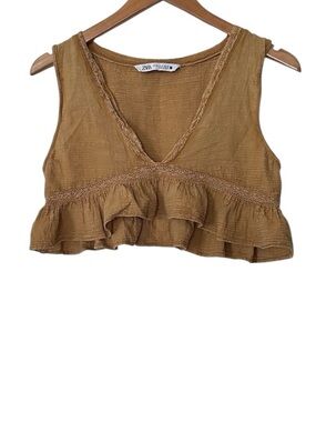Zara Boho Gauzy Ruffle Peplum Crop Top Yellow Tan Festival Beachy Size Medium
